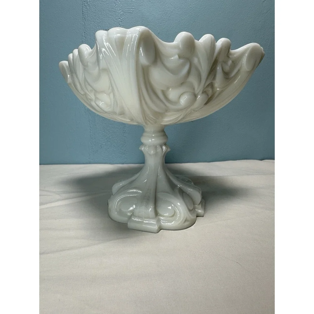 Vintage Portieux Vallerysthal French White Milk Glass Scrolled Compote Dish